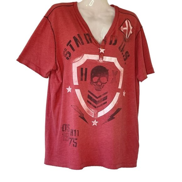 Helix Skull Graphic STNDRD U. S. Men's T-Shirt V-Neck Henley with Raw Hem - Picture 1 of 9